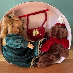 NEW "Collectors Choice" Porcelain Doll & Bear in Carrying Case with COA 11x9.5”